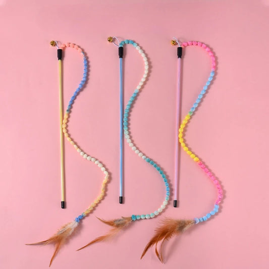 3pcs Interactive Cat Rainbow Wand Toys for Indoor Cats and Kittens, Colorful Cat Teaser Wand String Plush Toy Cat Feather Toys