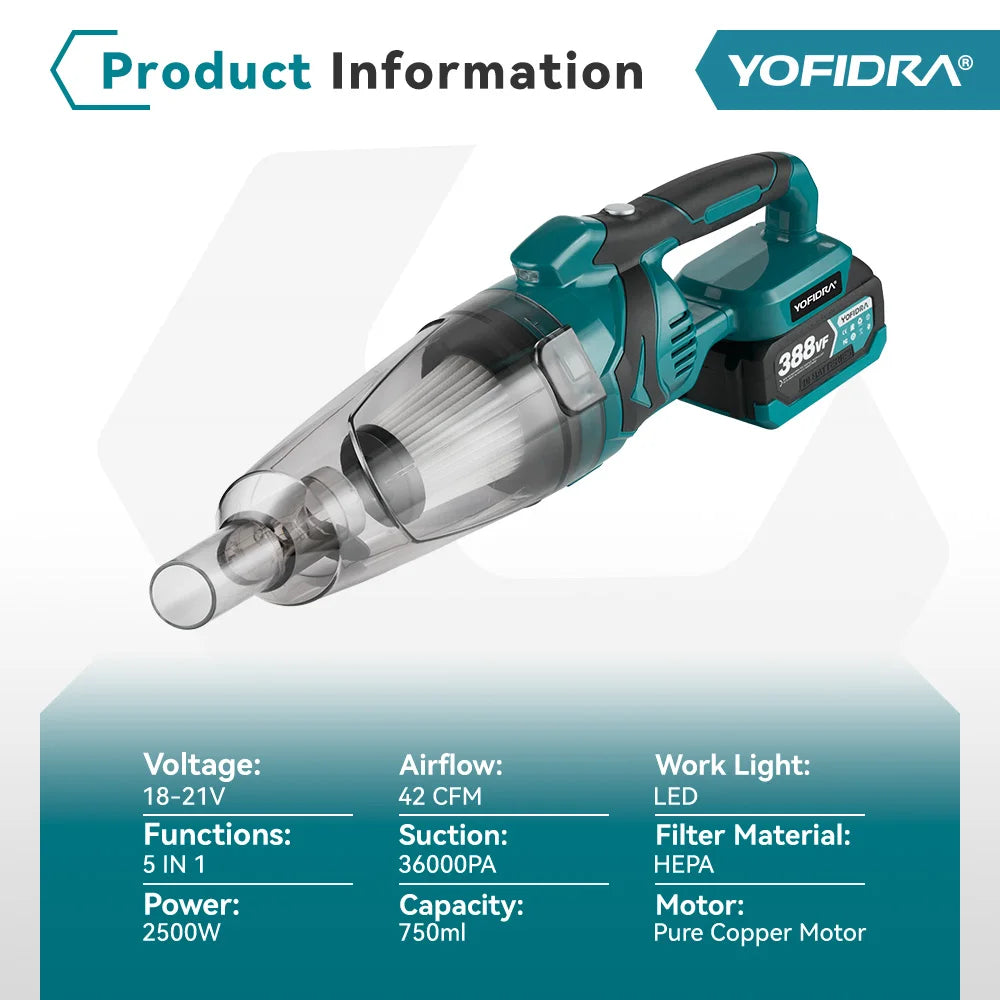 Aspirateur électrique portatif sans fil YOFIDRA 1500 W, outil de nettoyage rechargeable pour la maison, la voiture et les poils d'animaux, pour batterie Makita
