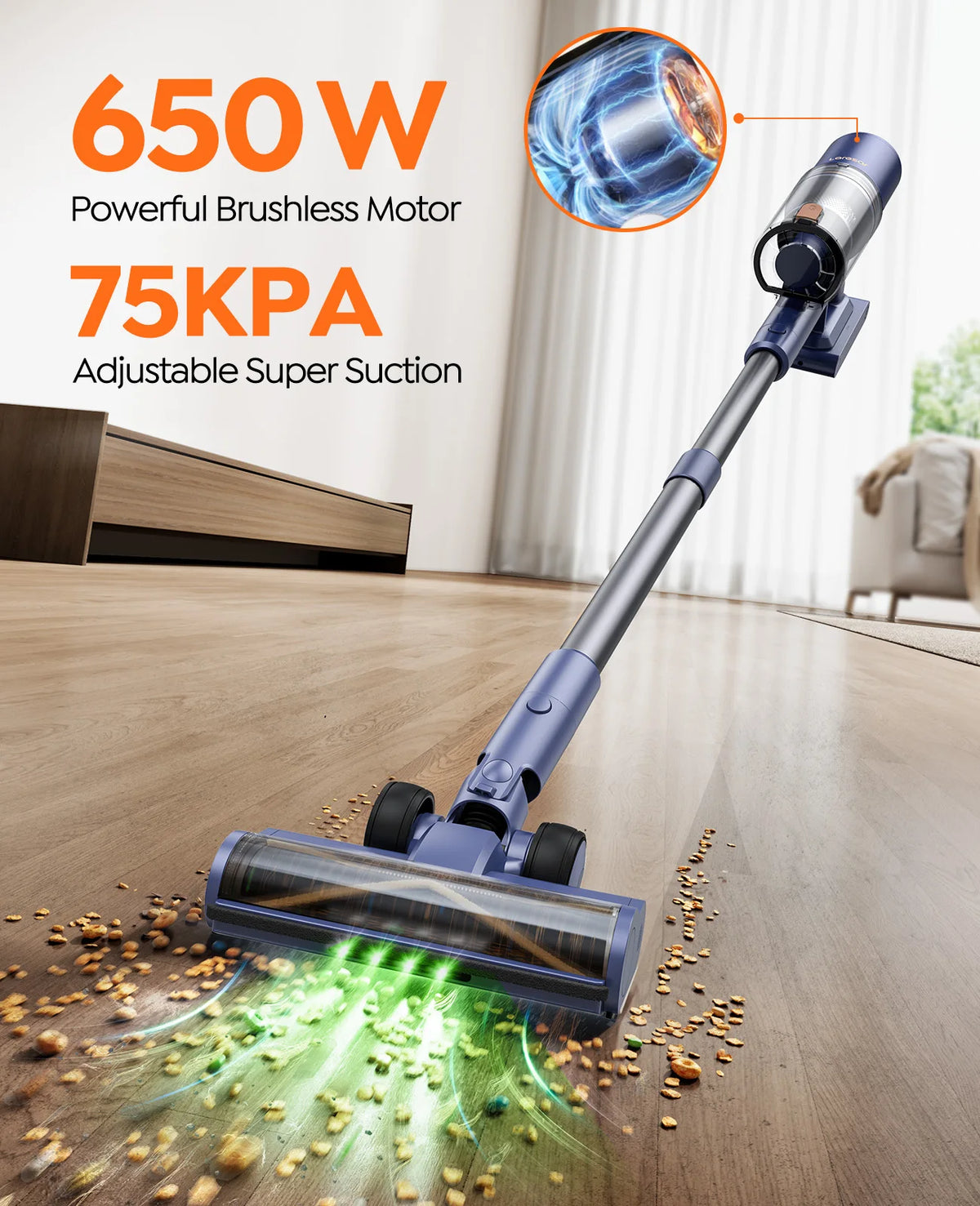 Laresar V11 NIEUW 650W 75000PA Ultra-krachtige draadloze stofzuiger, 90 minuten lange gebruiksduur, uitneembare accu & slimme display-stofzuiger