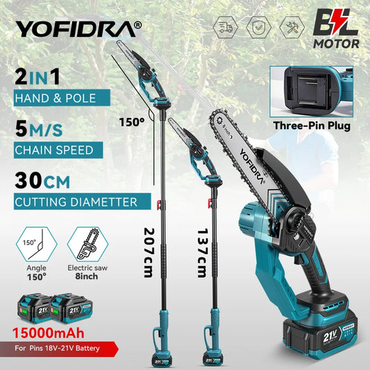 YOFIDRA 5000W Brushless Telescoping Pole High Branch Saw Electric Chainsaw Woodworking Power Tool for 18V 21V Battery Pin