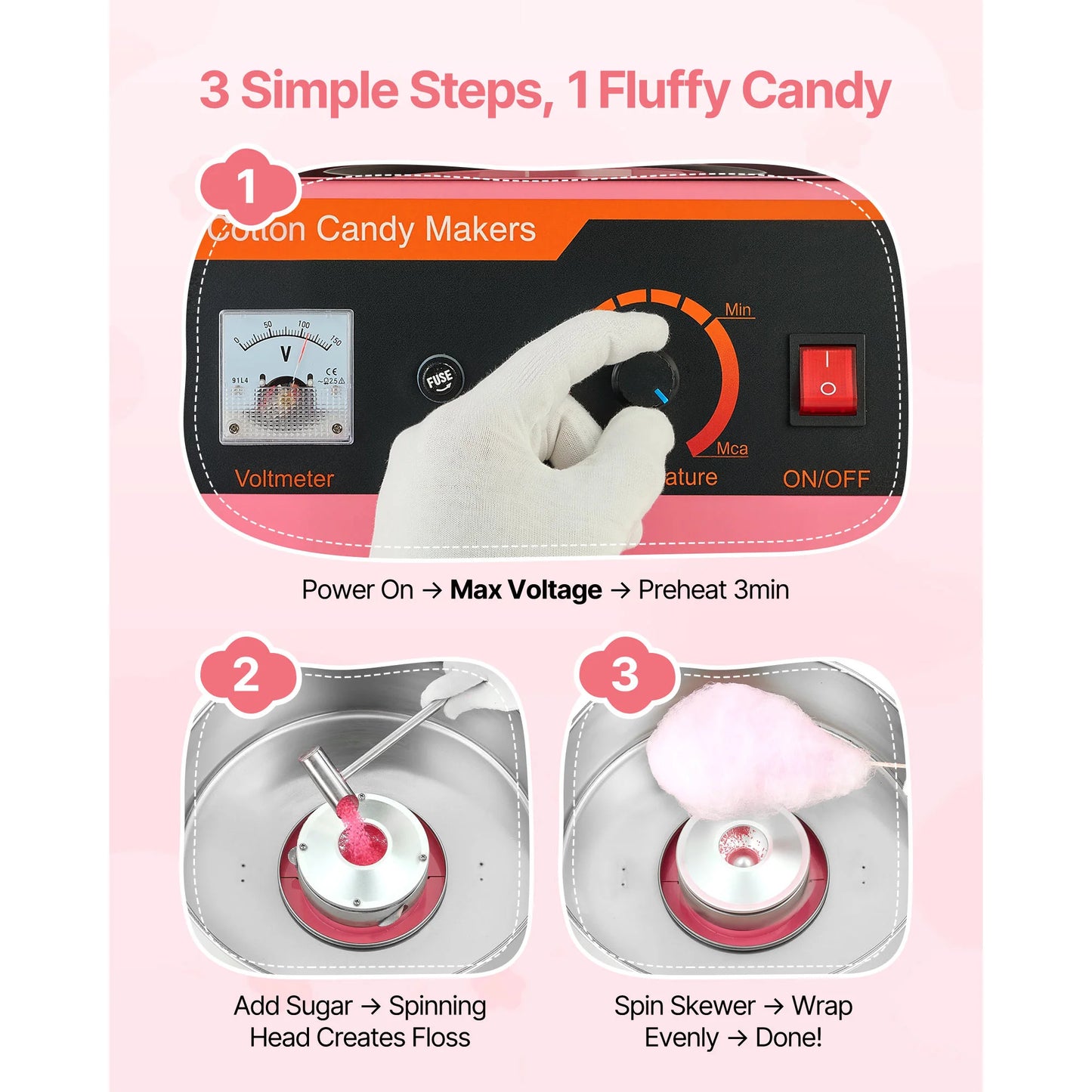 SucceBuy Cotton Candy Machine Commercial 1000W Electric Candy Floss Maker Easy Use with 15 inch Stainless Steel Bowl for Kids