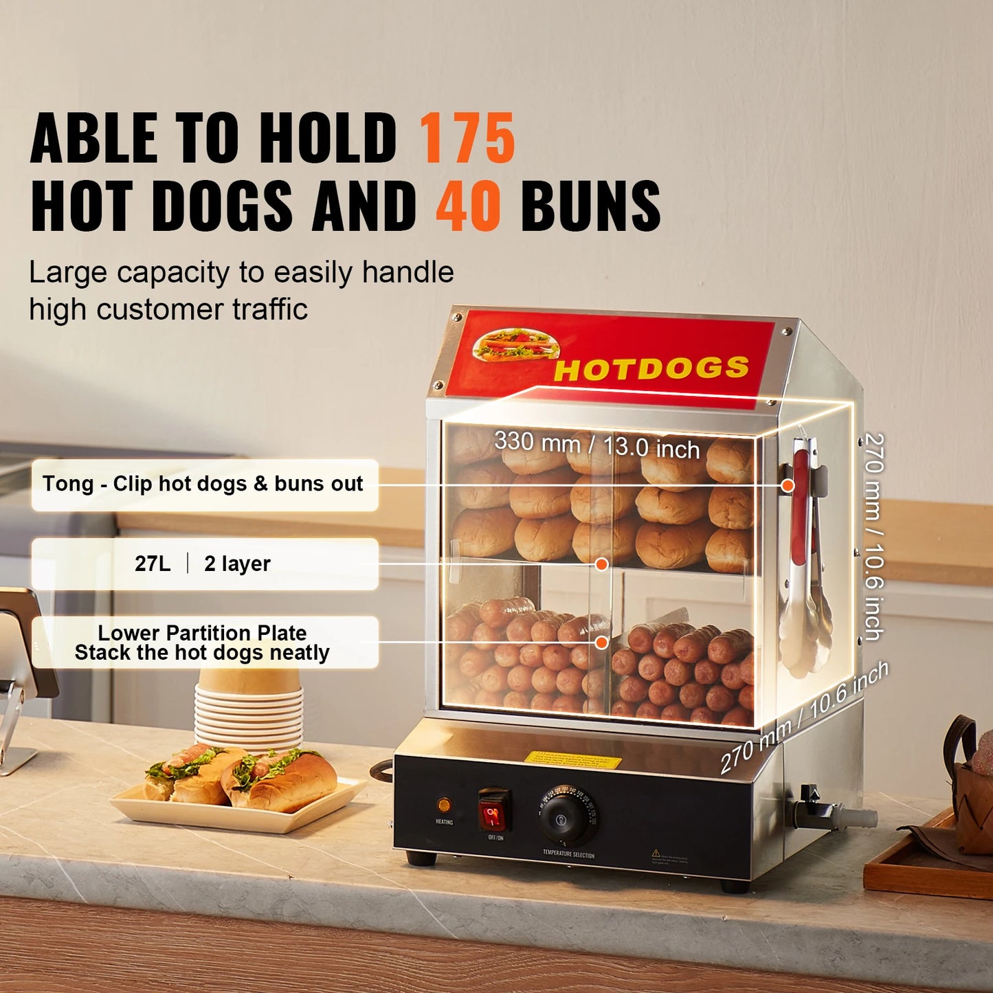 SucceBuy 27L 2Tiers Hot Dog Steamer with Temperature Control Stainless Steel Electric Bun Warmer for Hot Dogs&Buns for Cinema