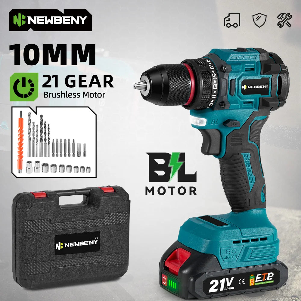 NEWBENY 21+2 Koppel Borstelloze Elektrische Boormachine 10MM Snoerloze Schroevendraaier Doe-het-zelf Gereedschapssets voor Makita 21V Accu