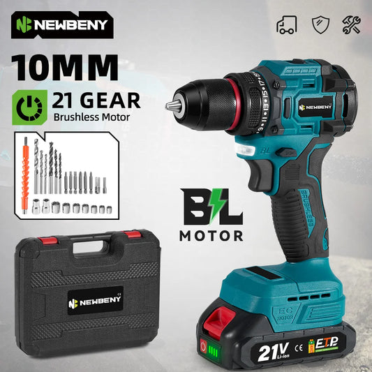 NEWBENY 21+2 Torque Brushless Electric Drill 10MM Cordless Screwdriver Home DIY Power Tools Sets for Makita 21V Battery Pin