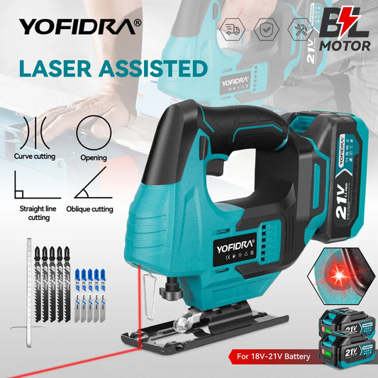 YOFIDRA Brushless Red Line Laser Jig Saw Multi-Function Electric Curve Saw Pipes Wood Cutting Tool for Makita 18-21V Battery Pin