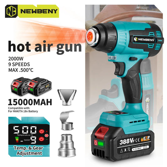 NEWBENY 2000W 500℃ Electric Hot Air Gun 9 Gears Handheld Cordless Rechargeable Industrial Home Power Tool For Makita Battery Pin
