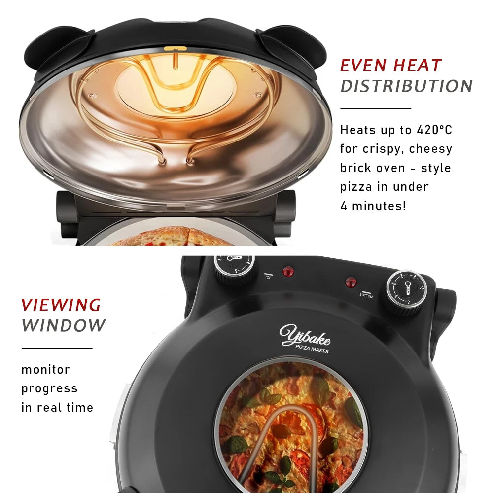12 Inch Electric Pizza Oven Indoor 1200 Watt Glazed Ceramic Stone Cooker Two-button Precise Temperature Control Heats up 420℃