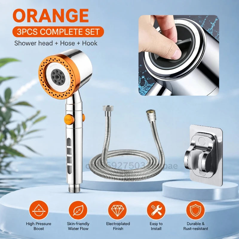 High Pressure Shower Head with Filter 3 Spray Modes Adjustable Large Flow One-Click Stop Water Saving Showerhead for Bathroom