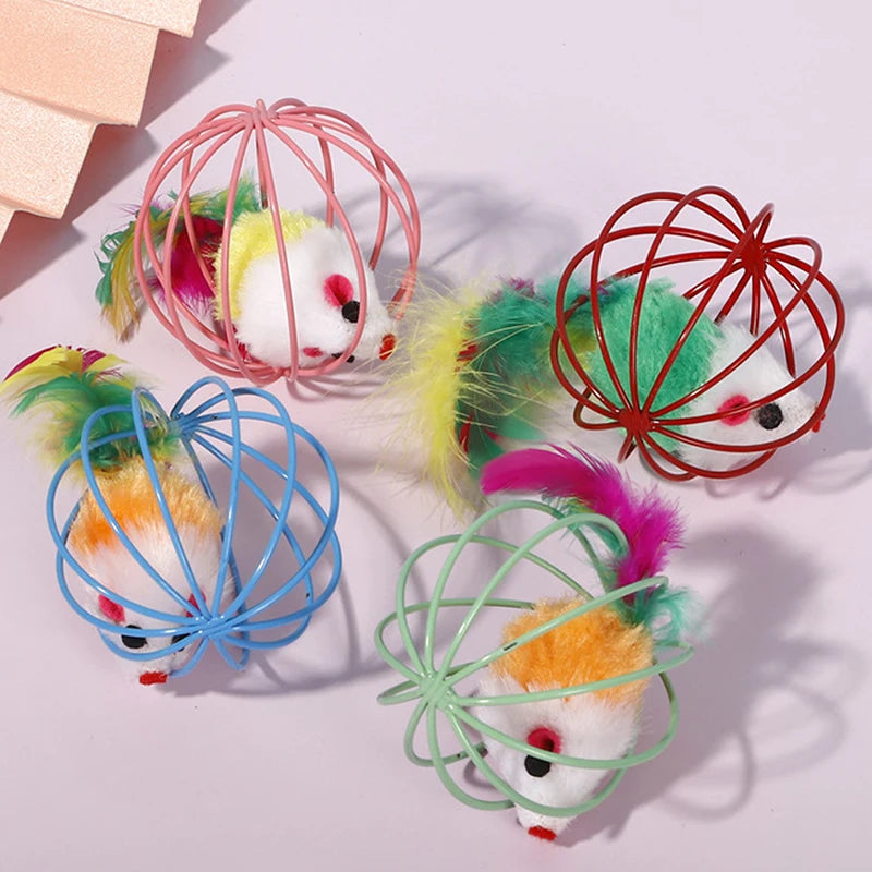 5 PCs Cat Mouse in Cage Toy Interactive Cat Balls Toy Random Color Kitten Creative Playing Toys Cat Mouse Toy Pet Supplies