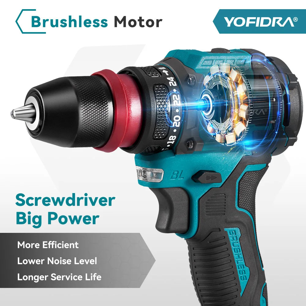 YOFIDRA Brushless Electric Drill Screwdriver 10MM Handheld Cordless Impact Drill Woodworking Power Tool For Makita 18V Battery