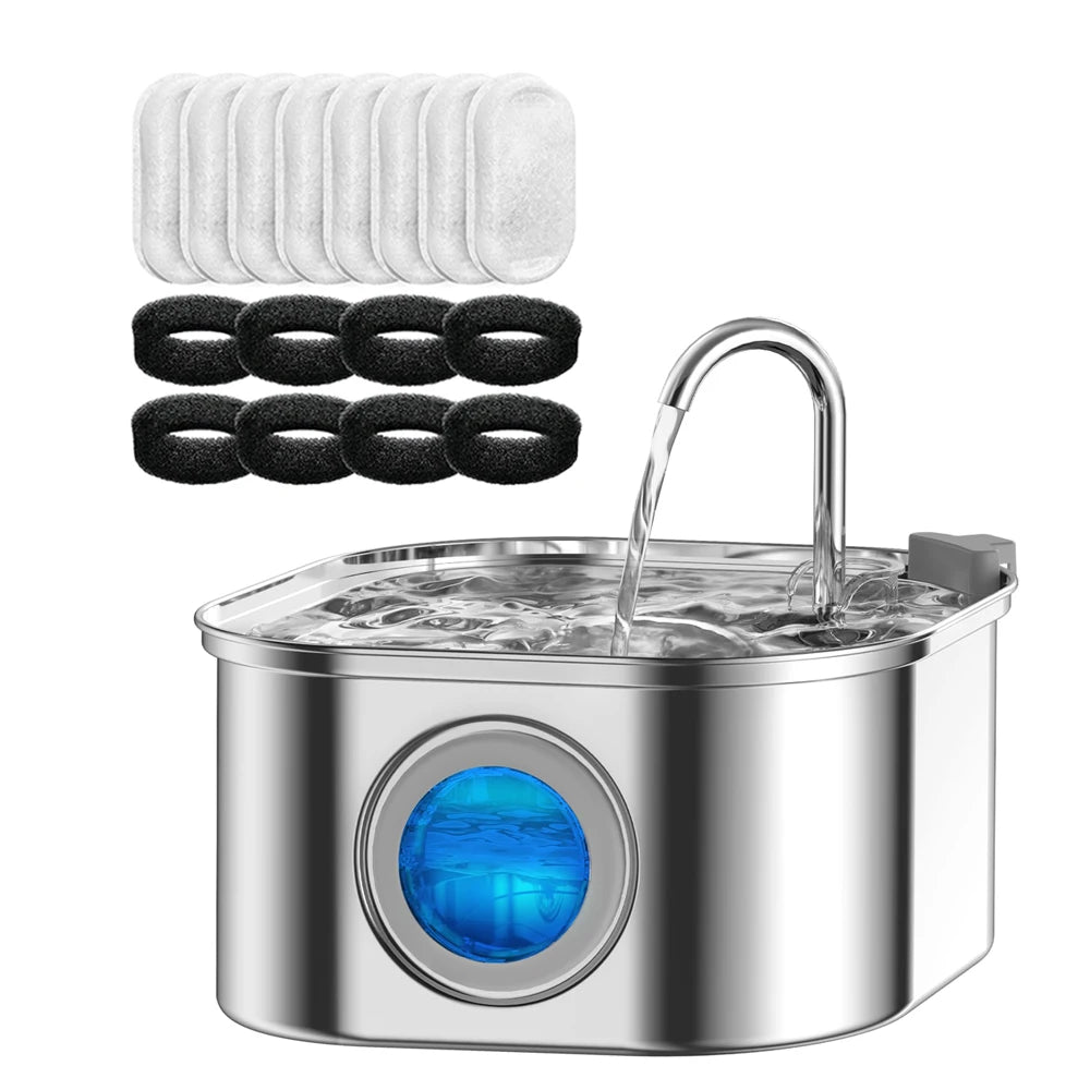 Transparent Window Cat Water Dispenser with sensor 3.2L/108oz Super Quiet& Pets Auto Filter Stainless Steel Cats Water Fountain