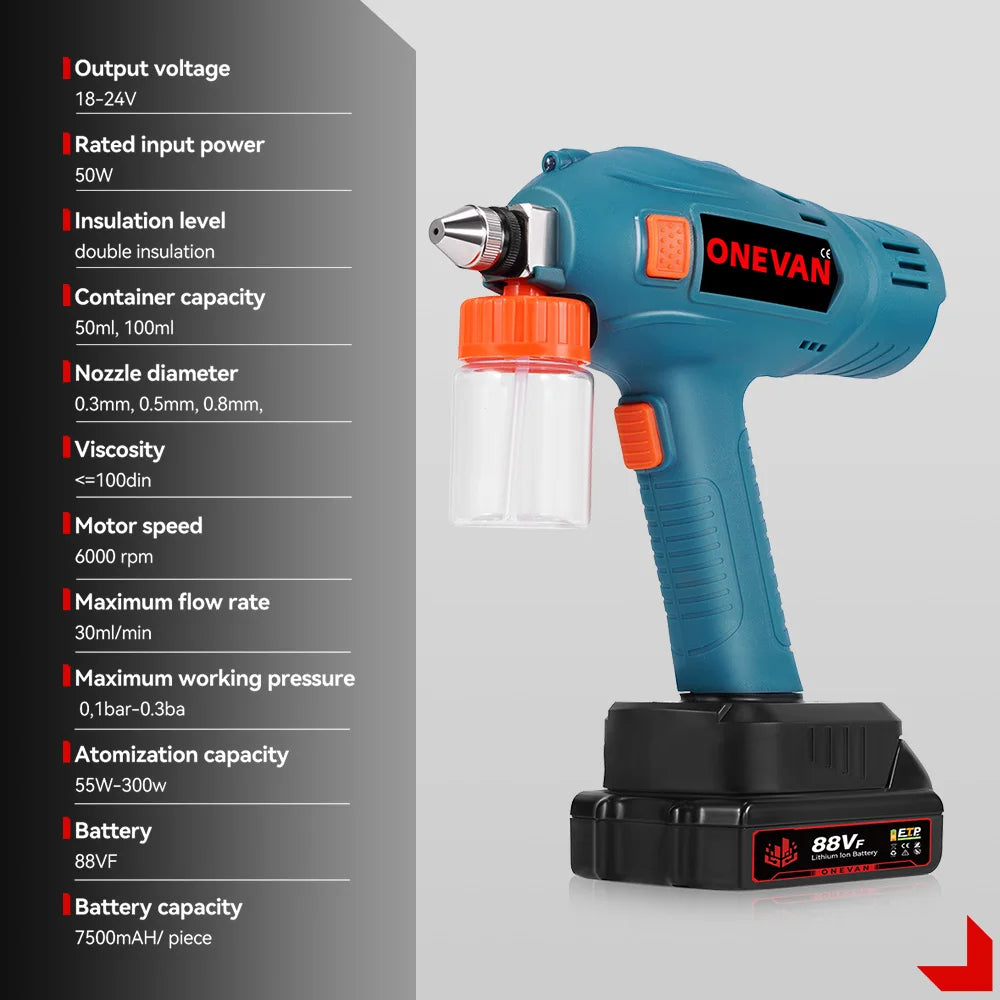 ONEVAN 100ML Electric Spray Gun Cordless Paint Sprayer Rechargeable Auto Furniture Steel Power Tools For Makita 18V Battery Pin