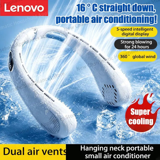 Lenovo 720° Multi Angle Adjustable Hanging Neck Bladeless Fan Portable Usb Charging Fan Ice Ceramic Cooling Chip Mini Fan 2026