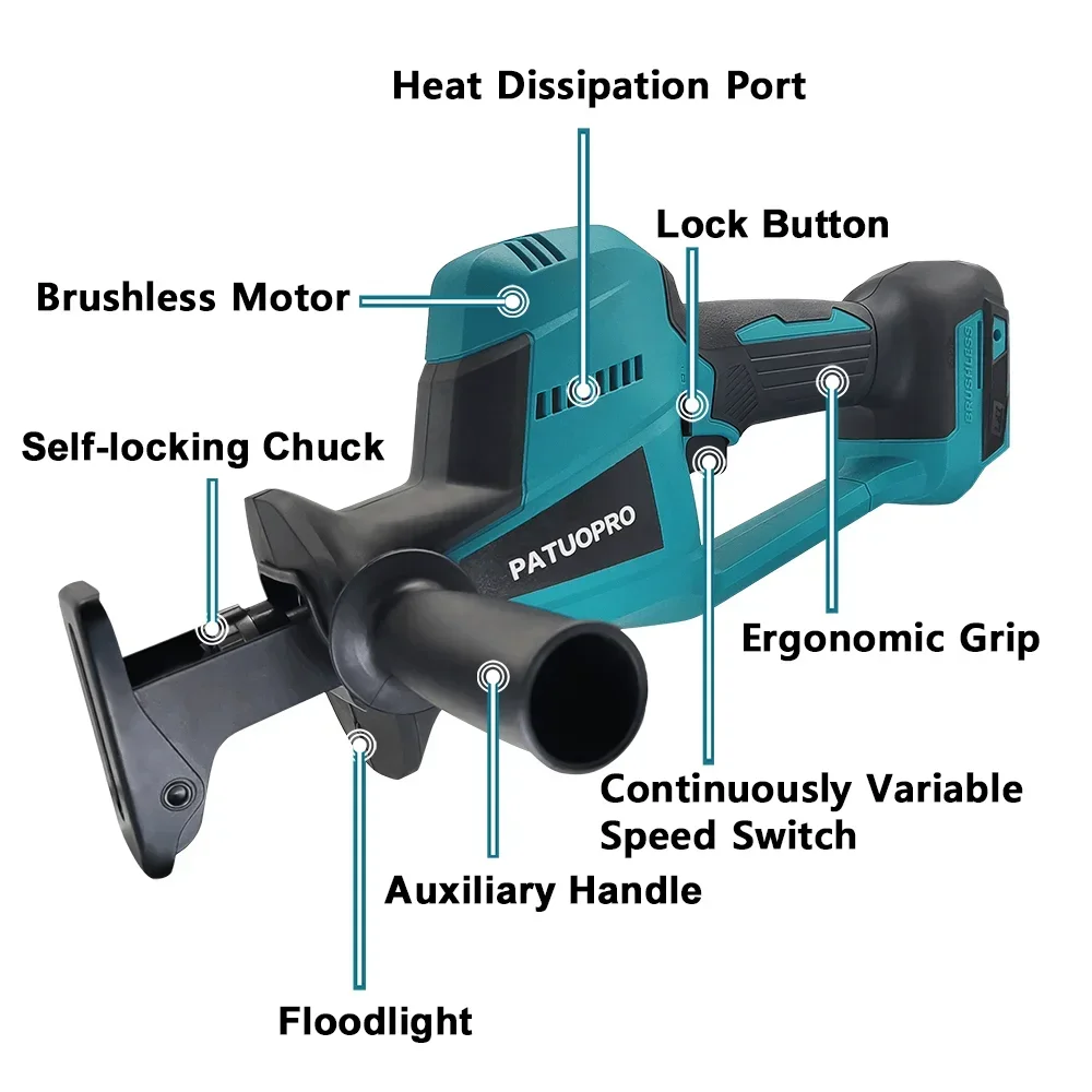 Borstelloze 22 mm draadloze oplaadbare reciprozaag met 4-delige zaagbladenset voor hout/metaal/pvc-snijder, geschikt voor Makita 18V-accu