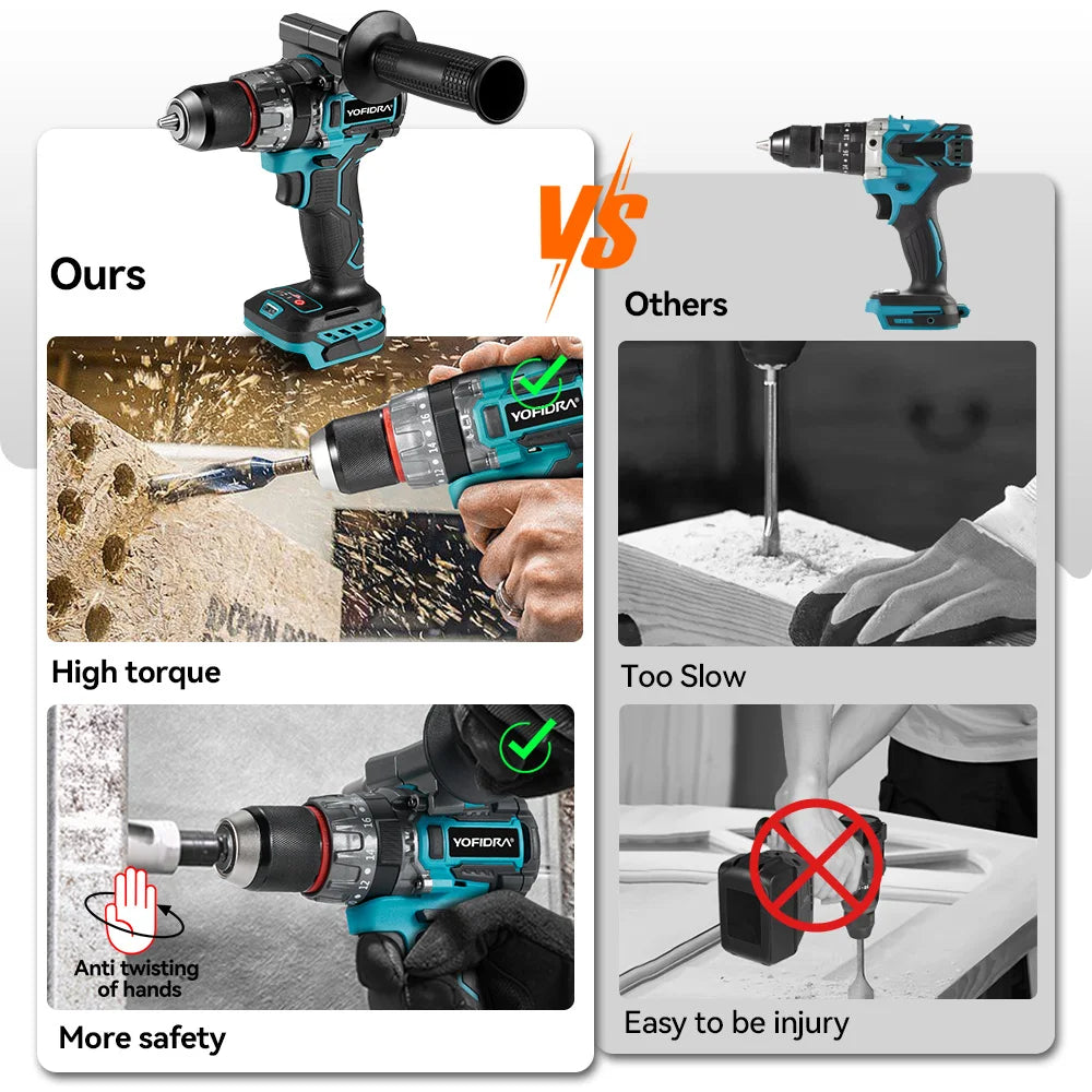 YOFIDRA 700N.M Borstelloze elektrische klopboormachine Accuschroevendraaier voor metaalplaten, grond en houtbewerking Elektrisch gereedschap geschikt voor Makita-accu's