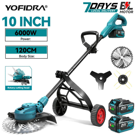 YOFIDRA 6000W 10Inch Brushless Electric Lawn Mower Foldable Grass Cutter Trimmer Garden Power Tool For Makita 21V Battery Pin