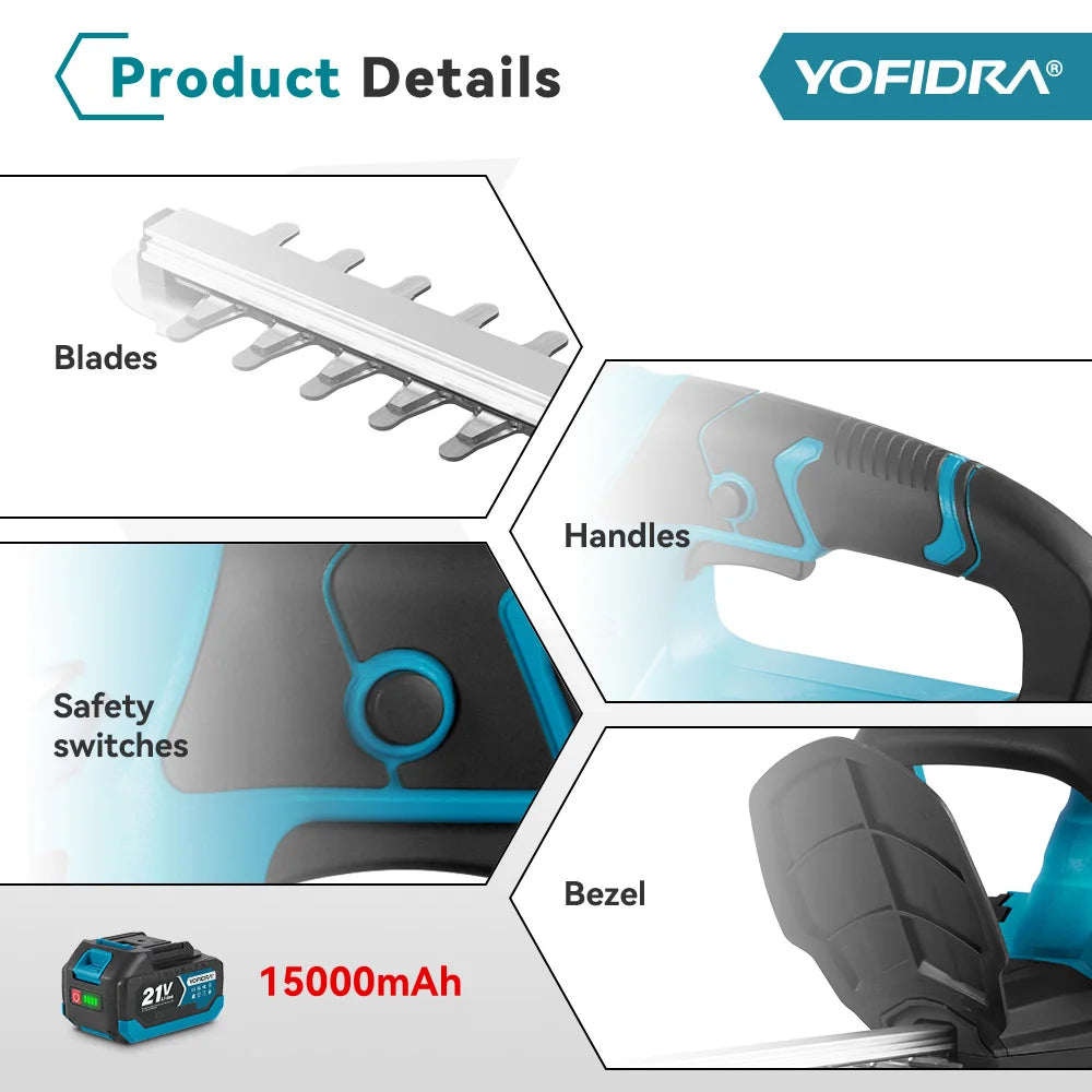 YOFIDRA 2000W 15000RPM Snoerloze Elektrische Heggenschaar Snoeizaag Grasmaaier Tuinonderhoud Elektrisch Gereedschap voor Makita Accu
