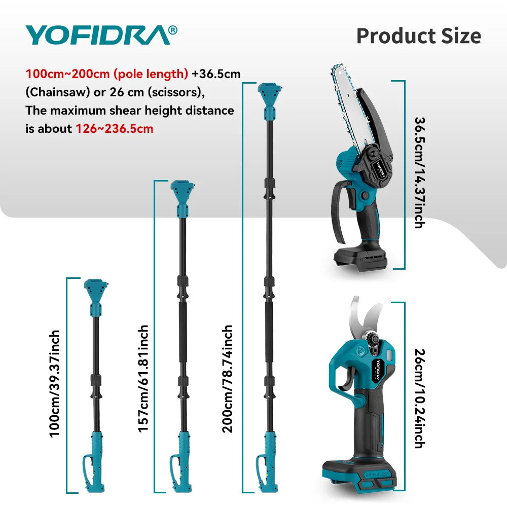 YOFIDRA 4IN1 Brushless Electric Chainsaw Telescoping Pole Saw High Branch Saw Garden Pruning Power Tool for 21V 18V  Battery Pin