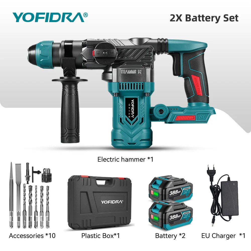 YOFIDRA 2200W Brushless Electric Hammer Impact Drill 26MM Multi-function Screwdriver Rotary Power Tool For Makita Battery Pin