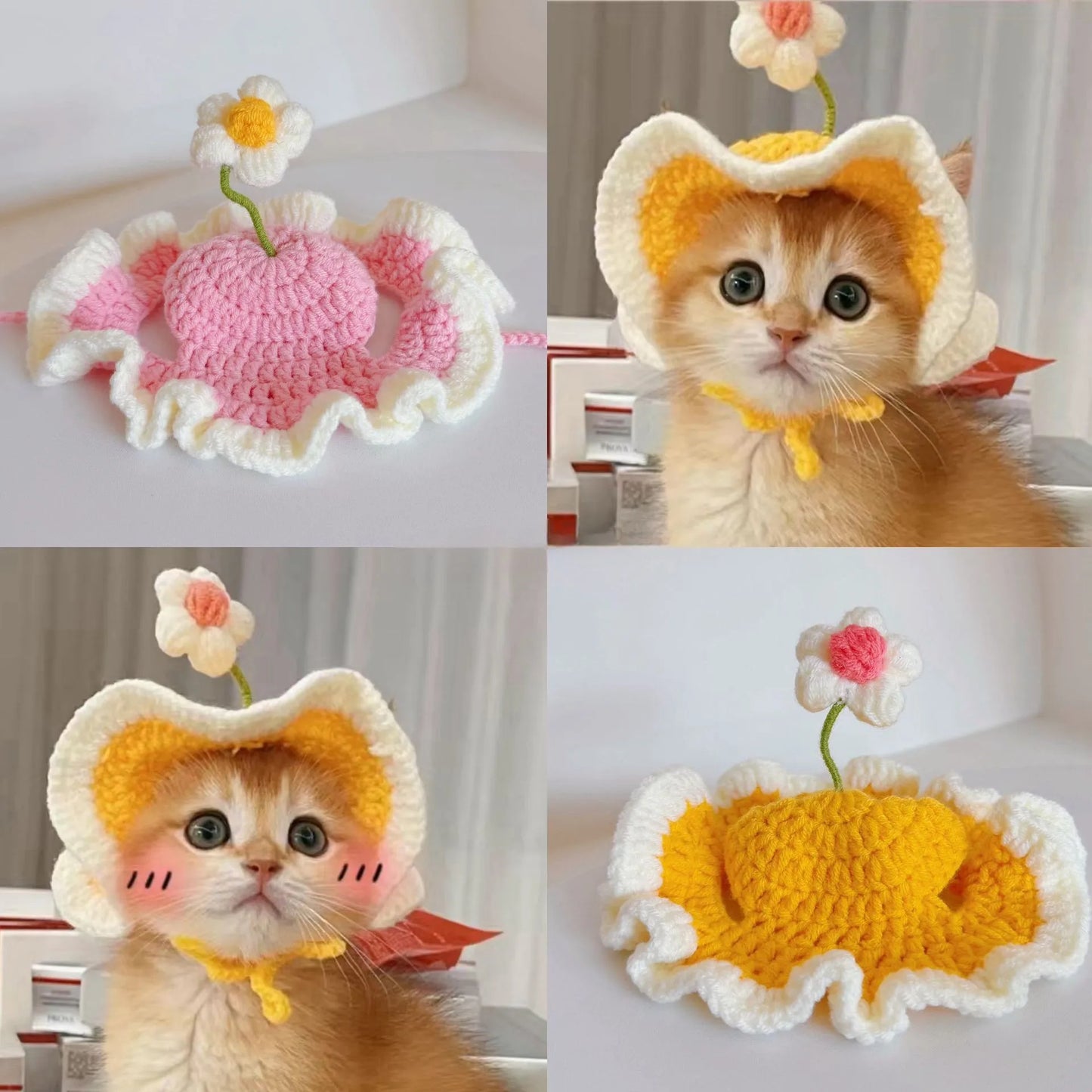 Cute Adjustable Cat Hat Elastic Pet Hat for Cats Small Dogs Kitten Headwear with Small Flowers Party Photo Decoration