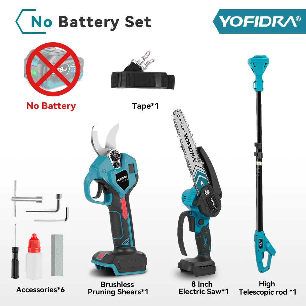 YOFIDRA Borstelloze elektrische kettingzaag met telescopische steel, 3-in-1 takkenzaag voor houtbewerking en snoeien, elektrisch gereedschap voor Makita-accu