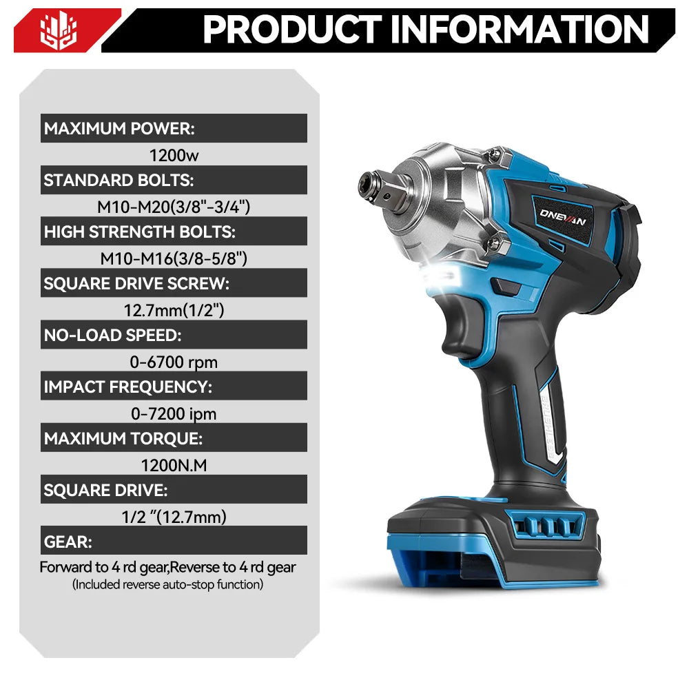 ONEVAN 1200N.M Torque Brushless Electric Impact Wrench 1/2 Inch Cordless Electric Wrench Power Tools For Makita 18V Battery Pin