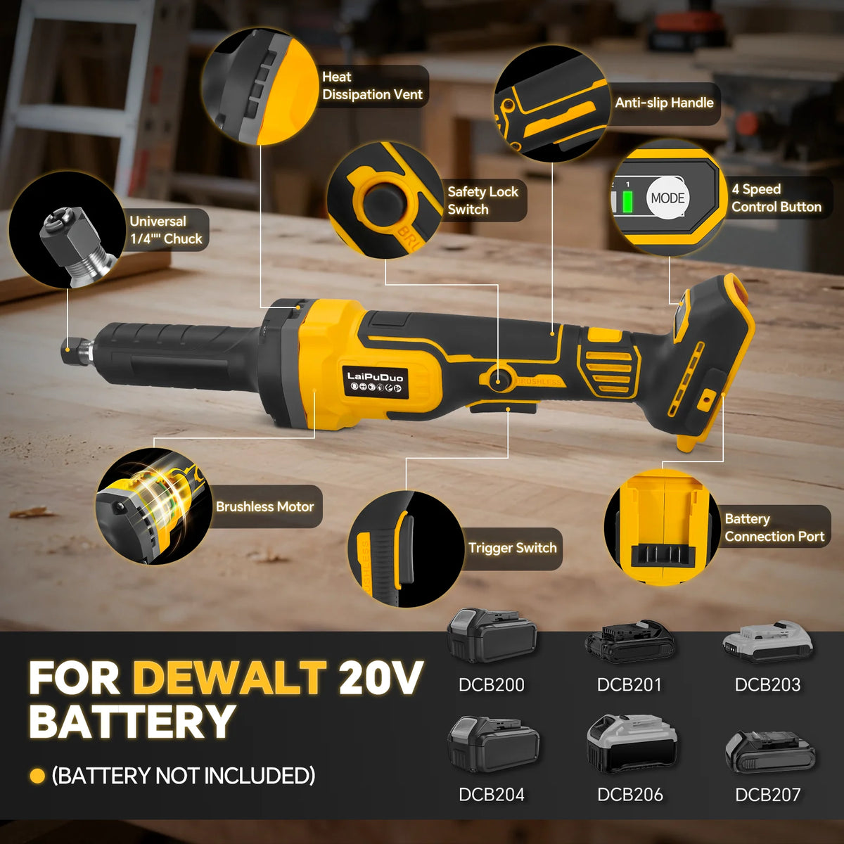 Borstelloze rechte slijpmachine 25000 tpm 4 variabele snelheden voor metaalslijpen, polijsten en ontbramen, geschikt voor DeWalt 20V-accu