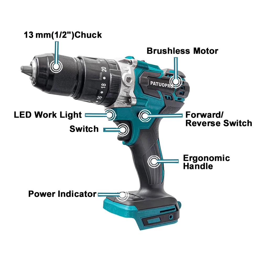 Borstelloze draadloze 13 mm elektrische klopboormachine 20+3 koppelinstellingen handmatige schroevendraaier elektrisch gereedschap voor Makita 18V-accu