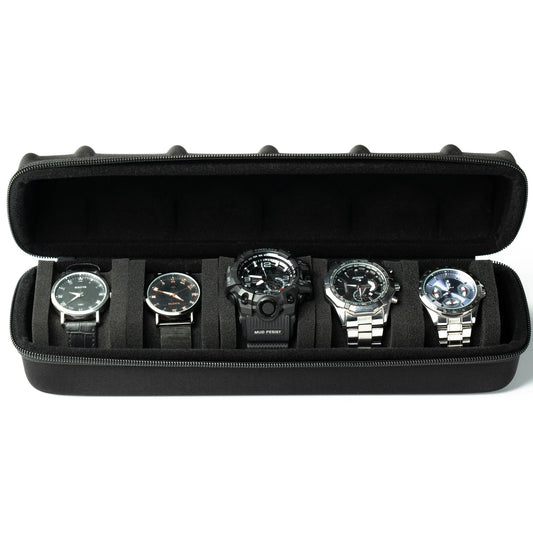 Hard 5-slots horlogereisetui voor heren, compacte horlogedoos geschikt voor alle polshorloges & smartwatches tot 58 mm (Cool Black)