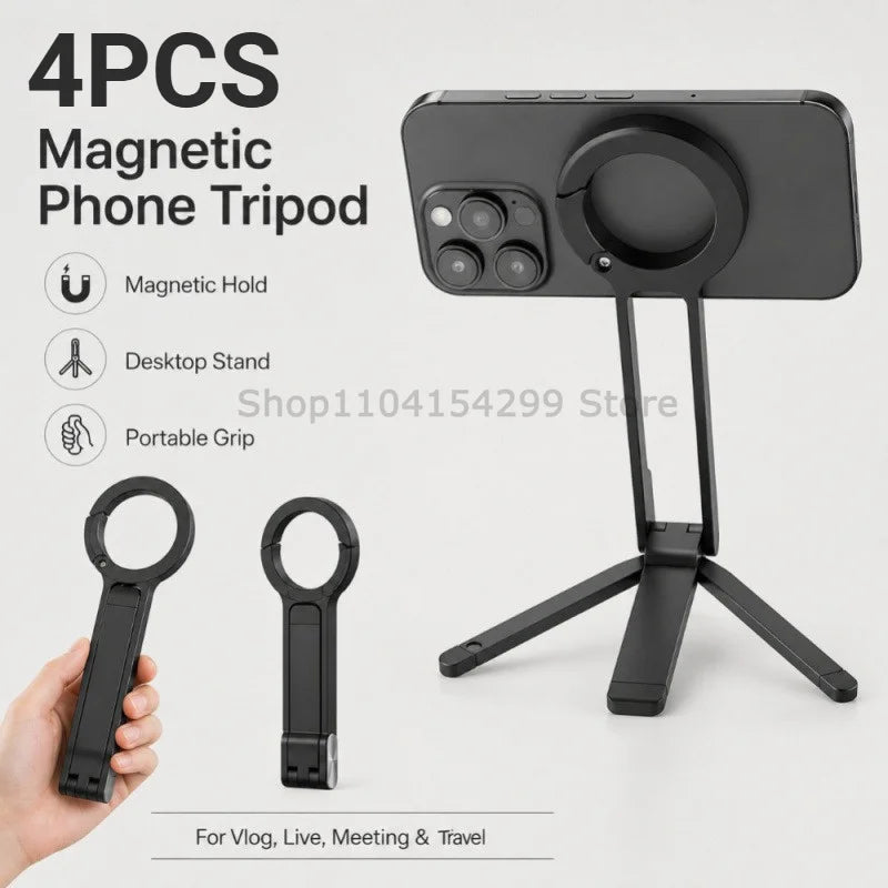 Foldable Phone Tripod Carabiner-Mounted for IPhone 17 16 15 Portable Dual-sided Magnetic Tripod Desk Mount Phone Handle Holder