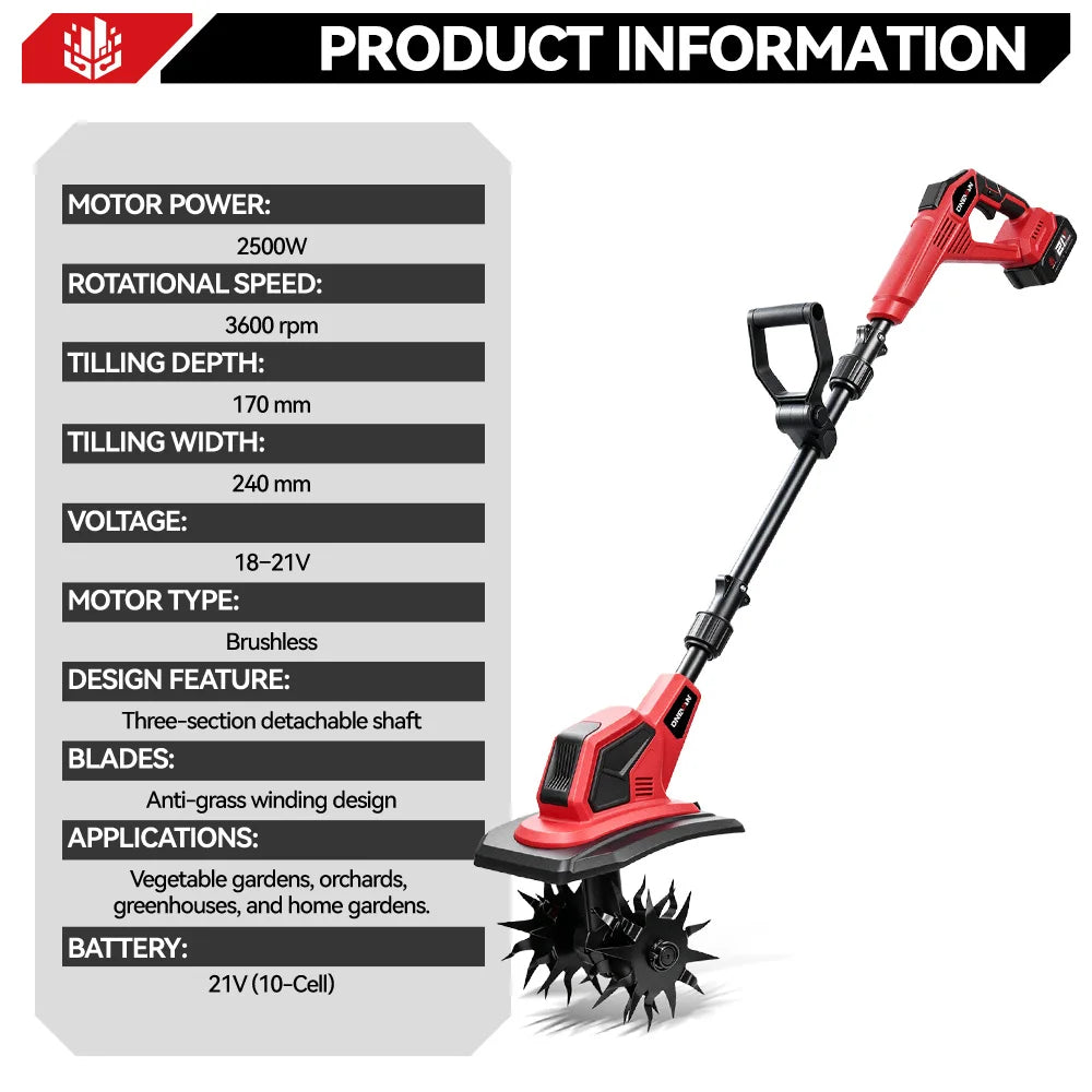 Motobineuse électrique sans balais ONEVAN 36000 tr/min, cultivateur, tondeuse à gazon, motoculteur pour le travail du sol, outil compatible avec batterie Makita 18V