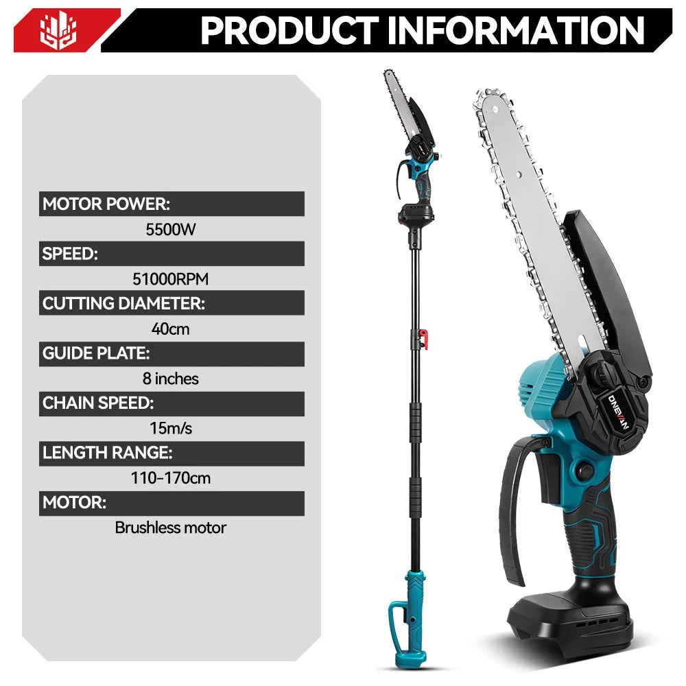 ONEVAN 5500W 8Inch Brushless Telescoping Pole Electric Chainsaw 2 IN 1 High Branch Garden Pruning Tool For 21V 18V Battery