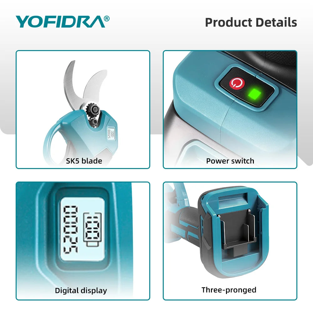 YOFIDRA 30MM Brushless Shearing Scissors 2 Gears Cordless Garden Fruit Tree Branch Pruning Power Tools For Makita Battery Pin