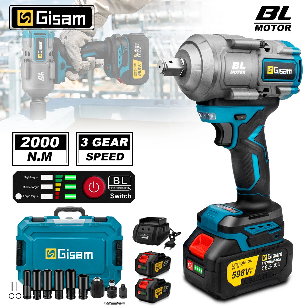 Gisam 2000N.m Brushless Impact Wrench 1/2" Repair Cordless Screwdriver 5Gear Hexs Socket Adapter Kit for Makita 18V Battery Pins
