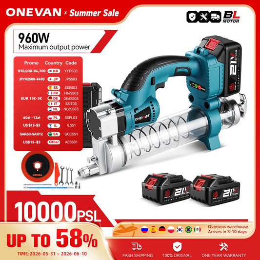 ONEVAN 69Mpa 10000PSL Electric Grease Gun Oil Injector Fat Machine Electric Grease Gun Hardware Tools For Makita 18V Battery Pin