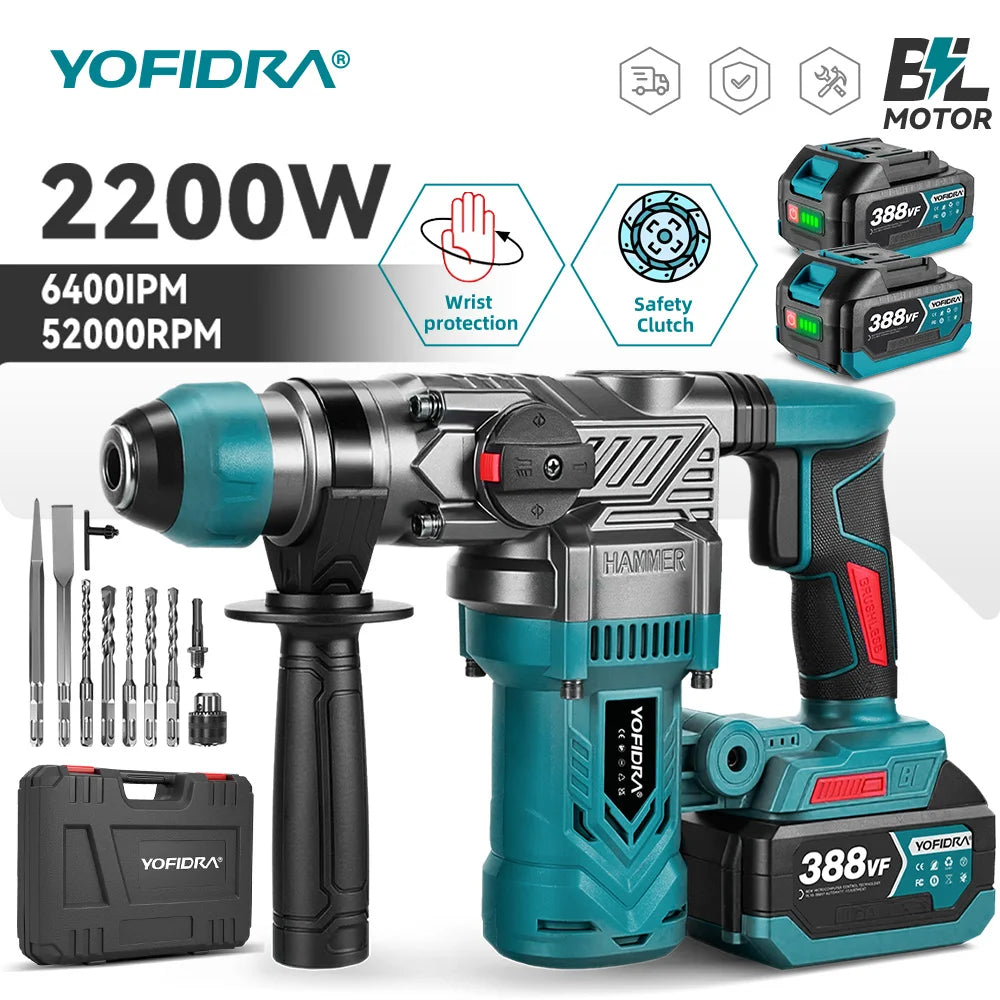 YOFIDRA 2200W Brushless Electric Hammer Impact Drill 26MM Multi-function Screwdriver Rotary Power Tool For Makita Battery Pin