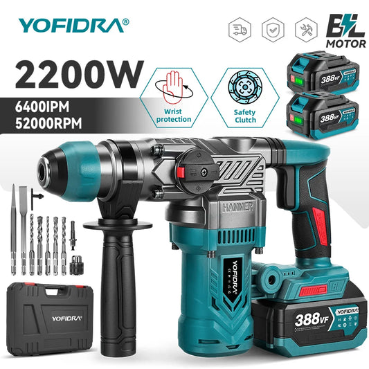 YOFIDRA 2200W Brushless Electric Hammer Impact Drill 26MM Multi-function Screwdriver Rotary Power Tool For Makita Battery Pin