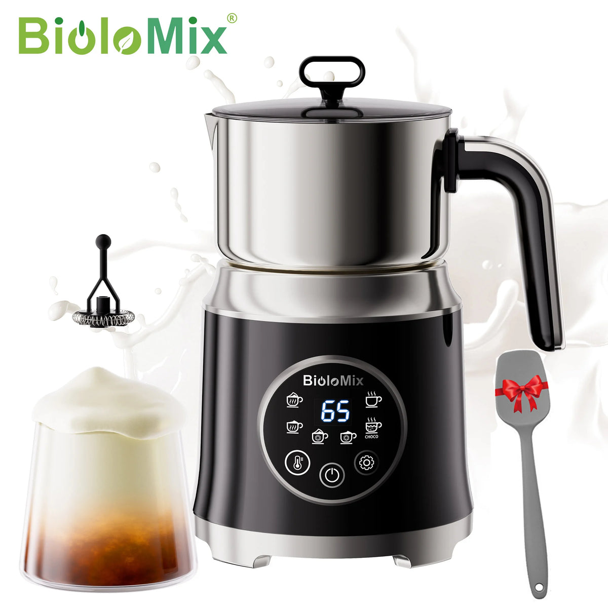 BioloMix 6-in-1 Afneembare Elektrische Melkopschuimer - Automatische Warme en Koude Schuimmaker voor Koffie en Warme Chocolademelk