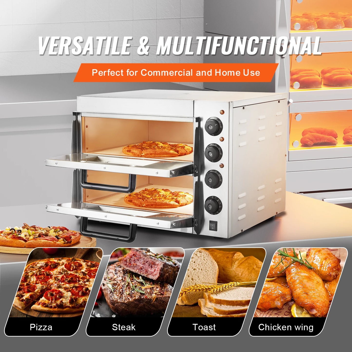Succebuy Commercial Pizza Oven Countertop Double Deck Layer Stainless Steel Electric& Handle for Restaurant Home