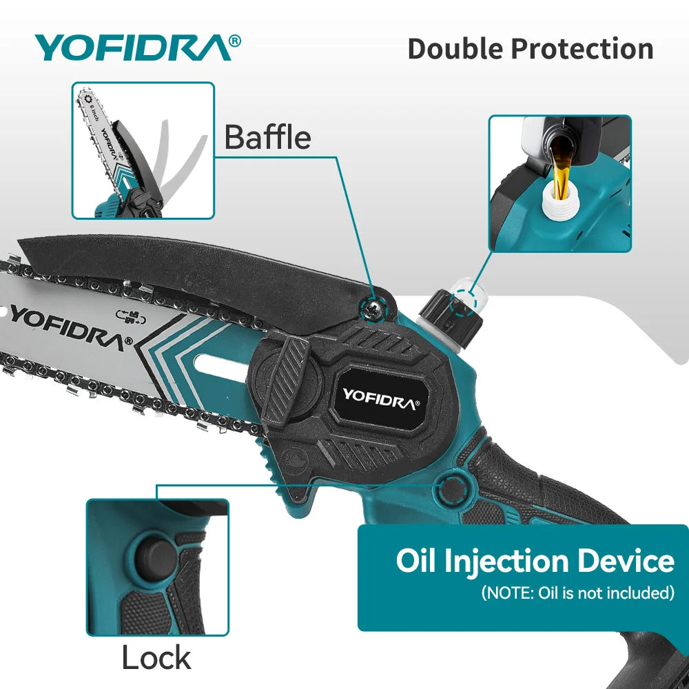 Tronçonneuse électrique portable YOFIDRA de 6 pouces, 30 000 tr/min, outil de coupe pour jardinage et travail du bois, compatible avec batterie Makita 21V