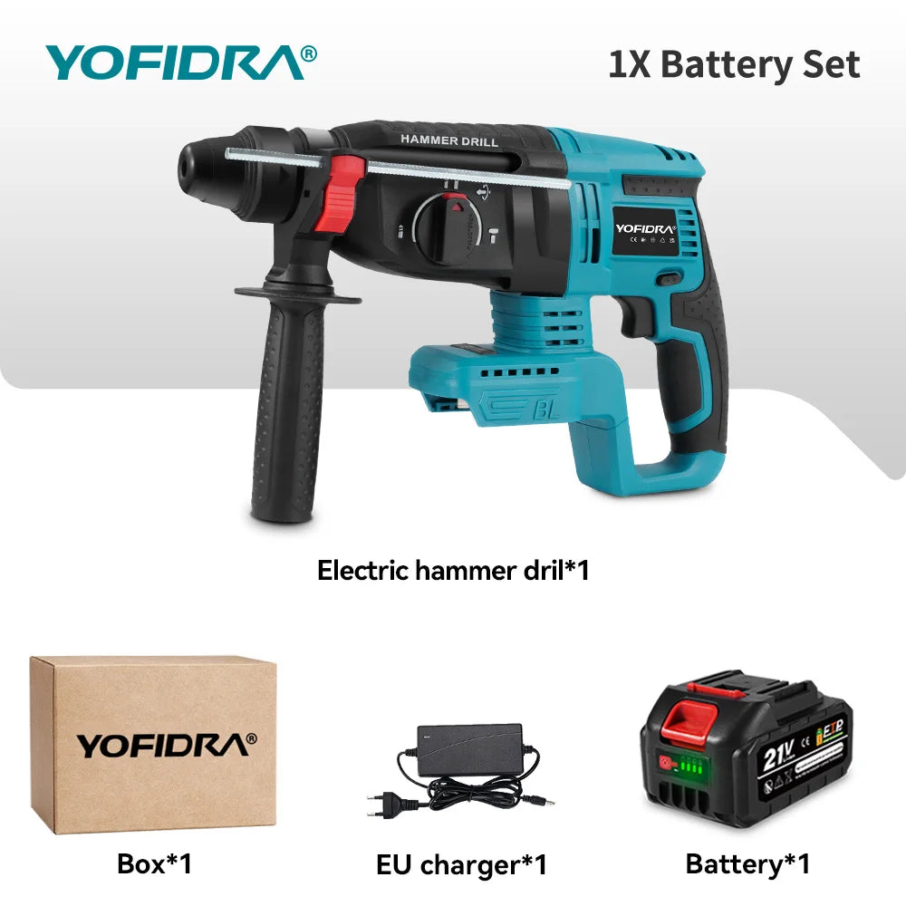 Perceuse à percussion sans fil YOFIDRA, marteau perforateur électrique sans balais 26 mm, ensemble d'outils électroportatifs pour le travail du bois, compatible avec batterie Makita 18V