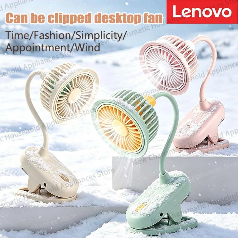 Lenovo USB oplaadbare clip-on kleine ventilator, 360° verstelbare mini-ventilator op batterijen, krachtige wind, flexibele nek, stille desktopventilator