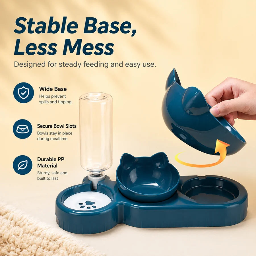 Automatic Cat Feeder Bowl Set with Dual 15° Tilted Bowls Gravity Water Dispenser Stable Base for Cats Small Dogs