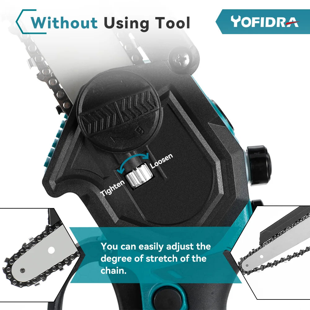 YOFIDRA 8Inch Brushless Electric Chainsaw Cordless Pruning Cutting Wood Tree Branch Garden Power Tool for Makita 18V Battery Pin