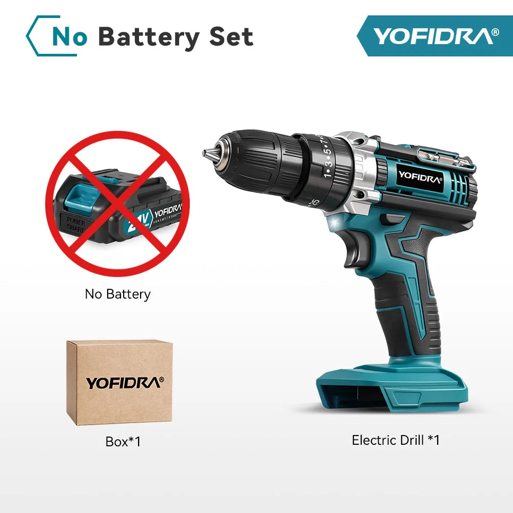 YOFIDRA 25+3 Torque Cordless Electric Impact Drill Multifunction Screwdriver Househeld DIY Power Tool For Makita 21V Battery Pin
