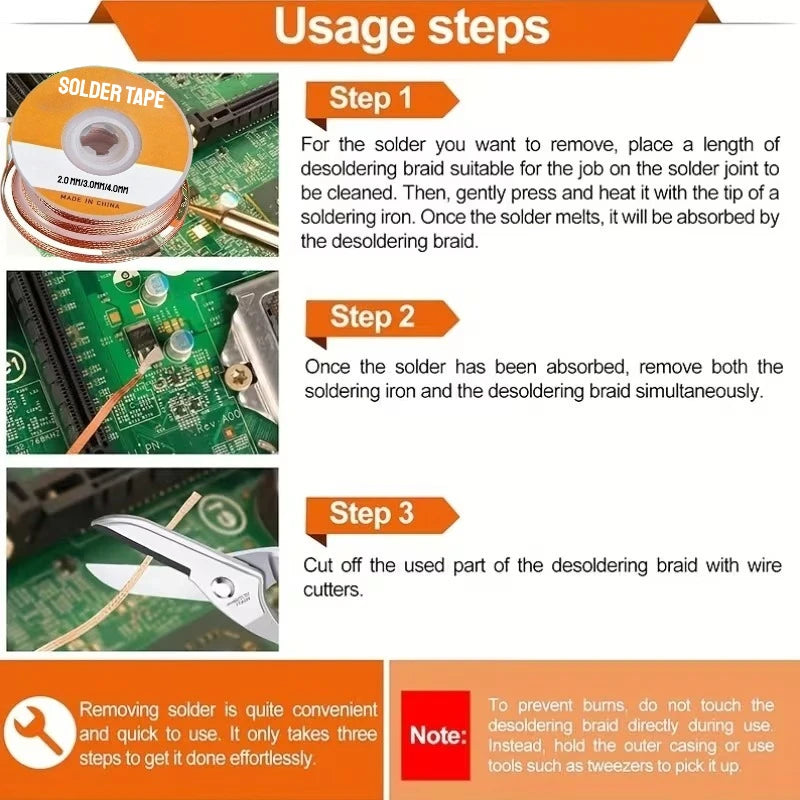 Desoldering Mesh Braid Tape Wire Repair Tool Copper Welding Point Solder Remover for Wire Soldering Wick Tin Lead Cord Flux