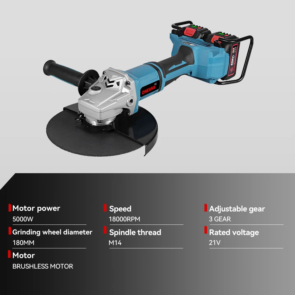 Meuleuse d'angle électrique sans balais ONEVAN 180 mm 5000 W M14, machine de découpe sans fil, outil de menuiserie pour batterie Makita 18 V