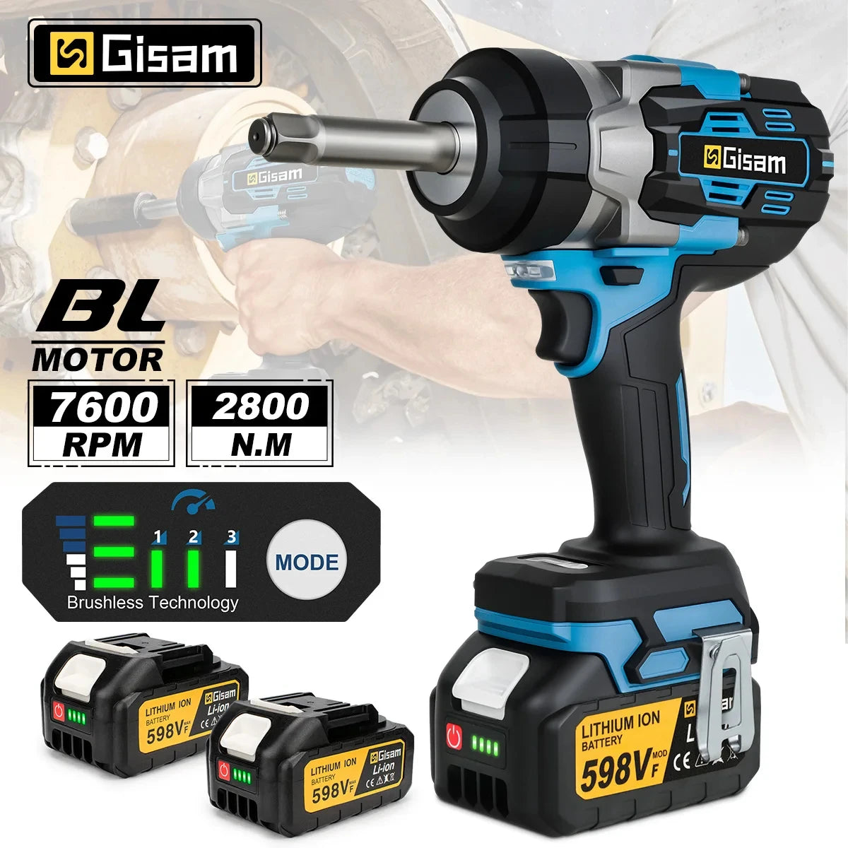 Gisam 2800N.M Brushless Electric Extended Anvil Impact Wrench 1/2'' Cordless Electric Wrench Tool For makita 18v battery pins