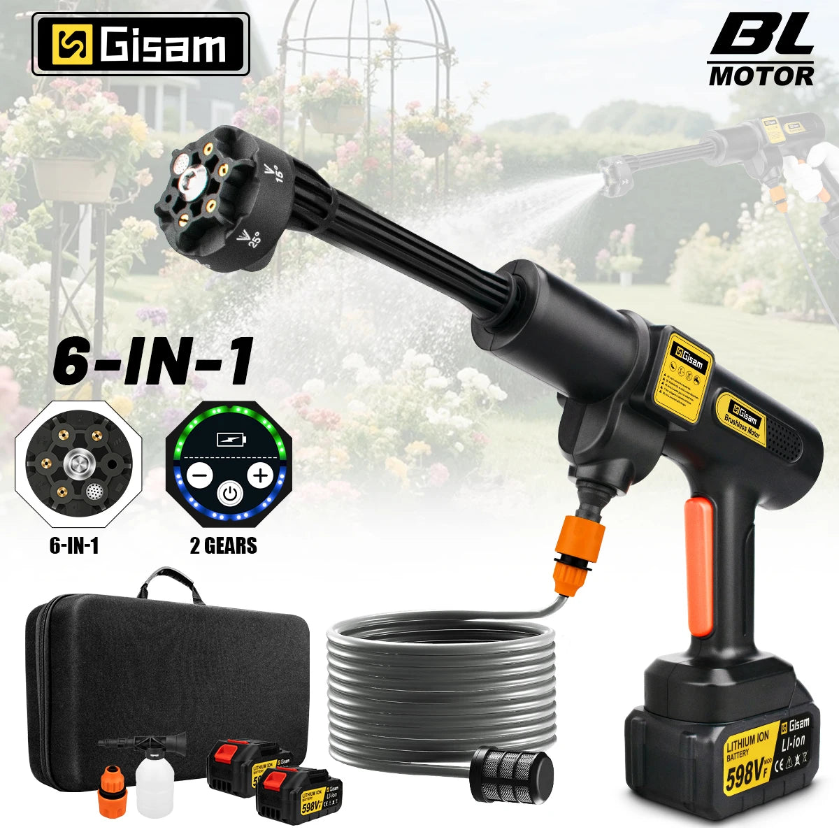 Gisam 200Bar Brushless Electric High Pressure Car Washer 6 IN 1 Car Garden Cleaning Water Spray Gun For Makita 18V Battery Pins