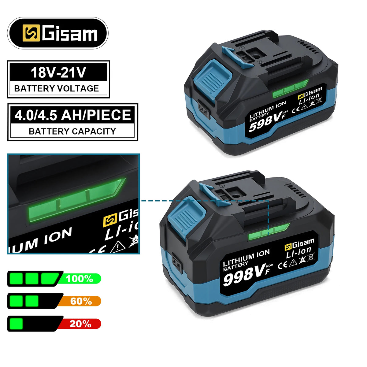 Gisam 4.0Ah 4.5Ah oplaadbare lithium-ionaccu voor accuboormachine/borstelloze moersleutel/schroevendraaier voor Makita 18V-accupinnen